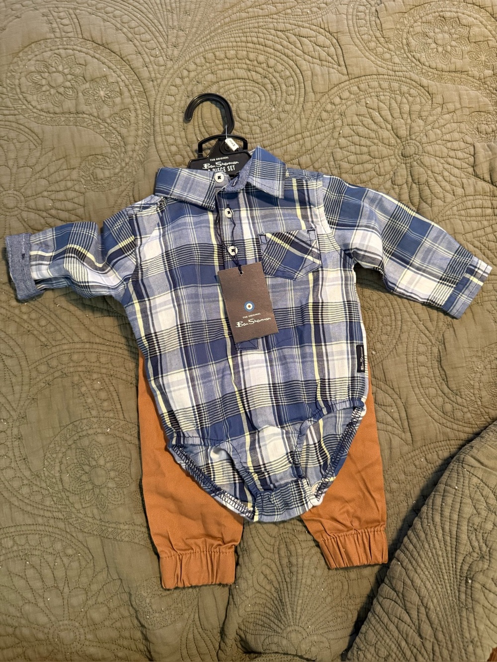 BWT 3/6 Month Blue Plaid Baby One-Piece with Tan Jogger Bottoms